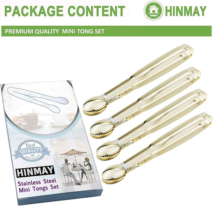 5.75" Mini Appetizer Tongs Set, Tiny Stainless Steel Small Tongs for Serving, Tea Party, Coffee Bar, Desserts, Set of 4 (Gold)