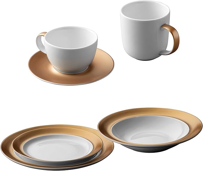 BergHOFF GEM Porcelain Set of 6pc Dinnerware Deep Plate Large & Small Plate Coffee Mug Tea Cup Saucer White & Gold Daily Serving Elegant Glossy Finish Dishwasher Safe