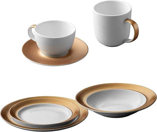 BergHOFF GEM Porcelain Set of 6pc Dinnerware Deep Plate Large & Small Plate Coffee Mug Tea Cup Saucer White & Gold Daily Serving Elegant Glossy Finish Dishwasher Safe