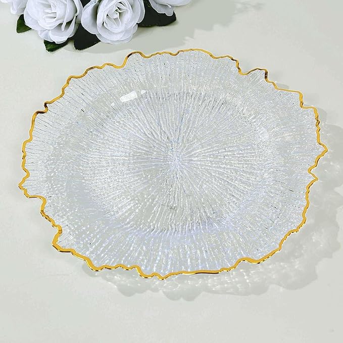 13" Charger Plates - Set of 12 - Acrylic Clear/Gold Round Reef Disposable Chargers, Ideal for Dinner Party Wedding Holiday Bulk Events