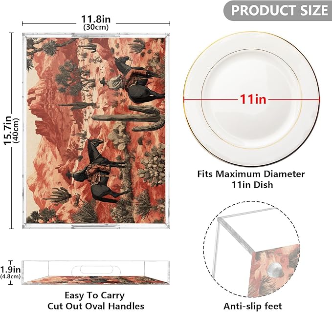 Serving Tray with Handles Clear Acrylic Tray 12x16 Inch Decorative Rectangular Tray Organizer for Ottoman Coffee Table Bathroom Cowboys Horses Cactus Desert