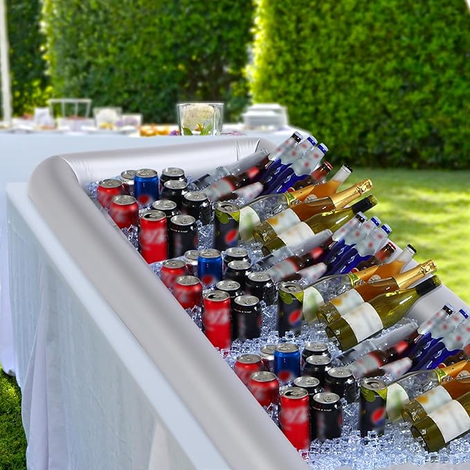 Large Inflatable Serving Bar 72 x 30 x 5'' Inflatable Ice Serving Buffet Bar Inflatable Cooler Ice Buffet Salad Serving Trays with Drain Plug for Pool Outdoor Party Picnic (Silver,2 Pack)