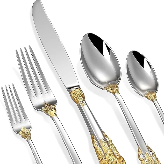 [5 Pack] Personalized Vintage Luxury Flatware Set, Customized Engraved Name Dates Stainless Steel Tableware with Gold Accents, Custom Cutlery Kit Antique Baroque Silverware Gift for Party Favors