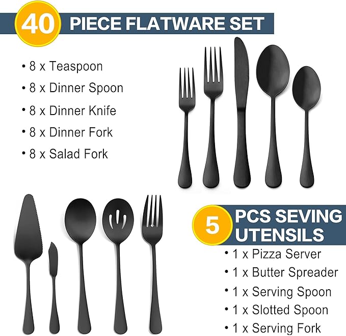 Vesteel 45 Pieces Black Silverware Set with Serving Utensils, Stainless Steel Modern Flatware Cutlery Set for 8, Eating Utensils Tableware Include Forks Knives Spoons, Mirror Polished