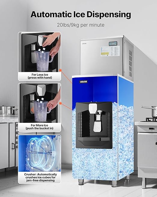 VEVOR Commercial Ice Maker, 450 Lbs/Day Ice-Making Machine, 180 Lbs Large Storage Bin with 20 Lbs/Min Automatic Ice-Dispensing, Self-Cleaning Ice Machine with Touchscreen for Bar, Cafe, Restaurant