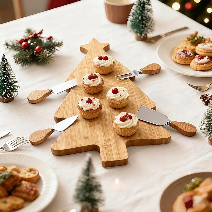 Remerry Christmas Bamboo Cutting Board Tray and Knife Set Xmas Tree Serving Tray Christmas Serving Dishes Charcuterie Board Platter Food Plate for Cheese Fruit Dessert Kitchen Party Gift Supplies
