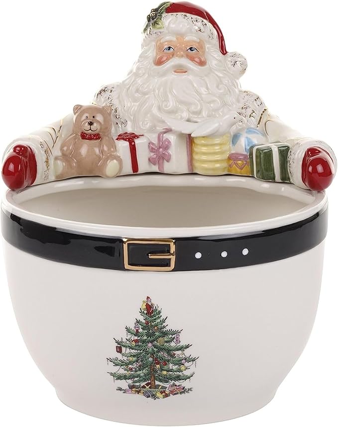Spode Christmas Tree Santa 9-Inch Nut Bowl – Decorative Earthenware Bowl for Candies, Nuts, Desserts & Holiday Treats – Elegant Christmas Tableware with 22-Karat Gold Accents
