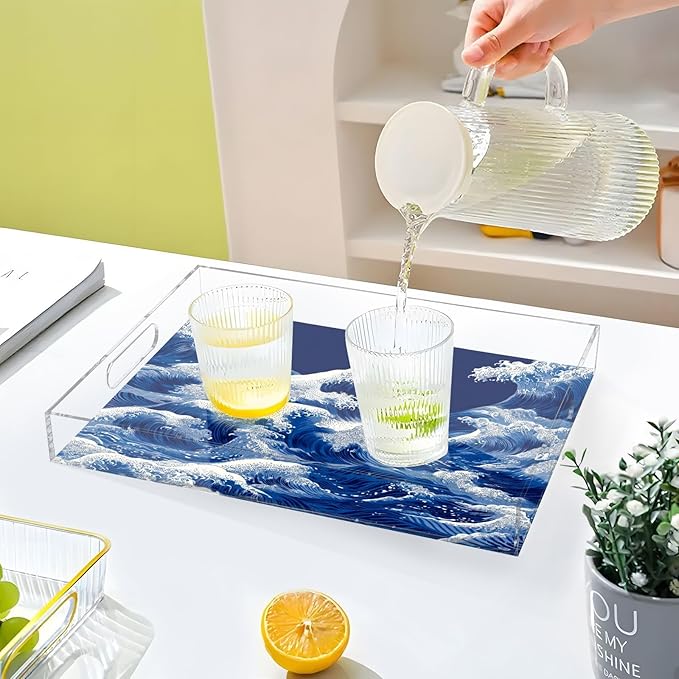 Serving Tray with Handles Clear Acrylic Tray 12x16 Inch Decorative Rectangular Tray Organizer for Ottoman Coffee Table Bathroom Japanese Deep Blue Sea Waves