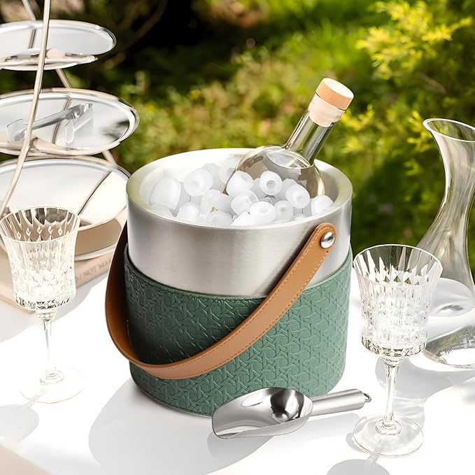 Insulated Ice Bucket with Lid, Scoop, Ice Tongs & Detachable Double-Sided PU Cover– 4L Double-Wall Stainless Steel Ice Buckets for Parties, Cocktail Ba, Champagne & Bar Cart Accessories