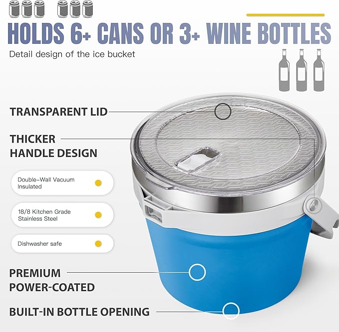 COKTIK 7L Vacuum Insulated Ice Bucket with Lid and Scoop& Tongs，Large capacity Stainless Steel Beverage Bucket for Cocktail, Champagne, Wine, Beer，Large Parties（Blue Suit）