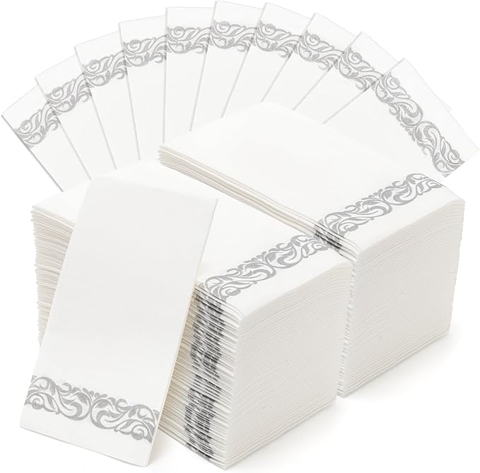 Foraineam 100-Pack Soft Texture Paper Hand Towels Disposable Decorative Paper Hand Napkins - Silver Floral Paper Guest Towels