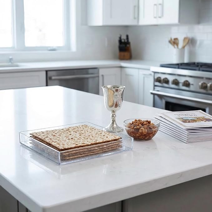 Rite Lite Square Clear Matzah Tray Jerusalem Design with Glitter - Passover Gifts, Passover Matzah Tray, Clear Matzah Tray, Transparent Matzah Tray, Jerusalem Matzah Tray for Passover