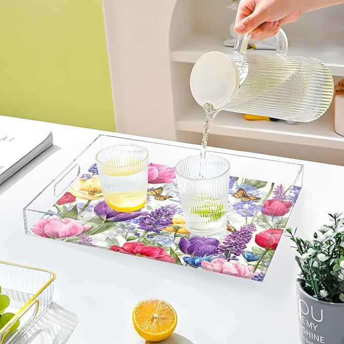 Serving Tray with Handles Clear Acrylic Tray 12x16 Inch Decorative Rectangular Tray Organizer for Ottoman Coffee Table Bathroom Tulips Lavenders Purple Butterfly