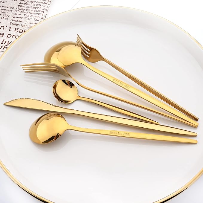 24Pcs Gold Mirror Silverware Flatware Set, 18/0 Stainless Steel Cutlery Set Utensils Kitchen Dinnerware Include Knife Fork Spoon and Teaspoon, Service for 4