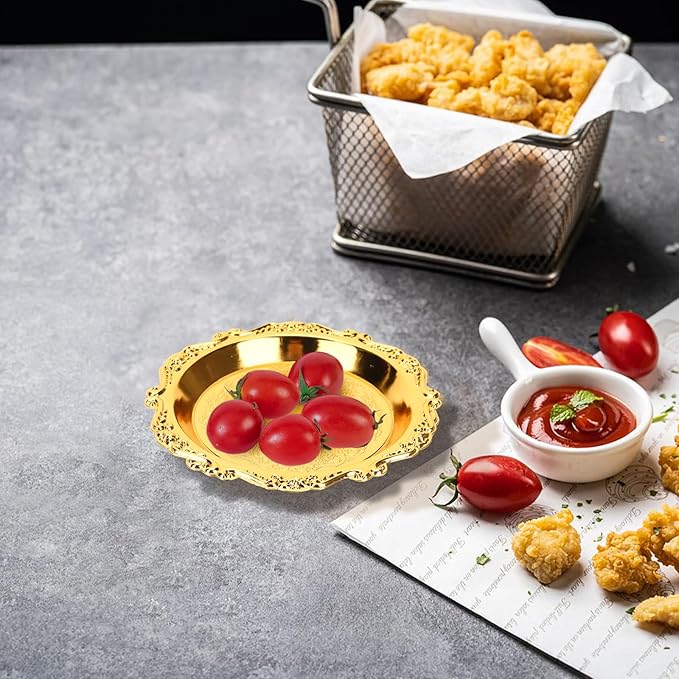 6pcs Serving Tray Set, 4in Small Vintage Decorative Round Metal Platters, Reusable Serving Dishes Party Appetizer Tray for Snack Fruit Sushi Buffet, Golden