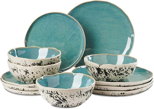 12pcs Dinnerware Set Service for 4, Handmade, Stoneware,Ceramic, Dish Set, Plates and Bowls set, Dinner Set, Reactive Glazed, Microwave and Dishwasher Safe (BLUE)