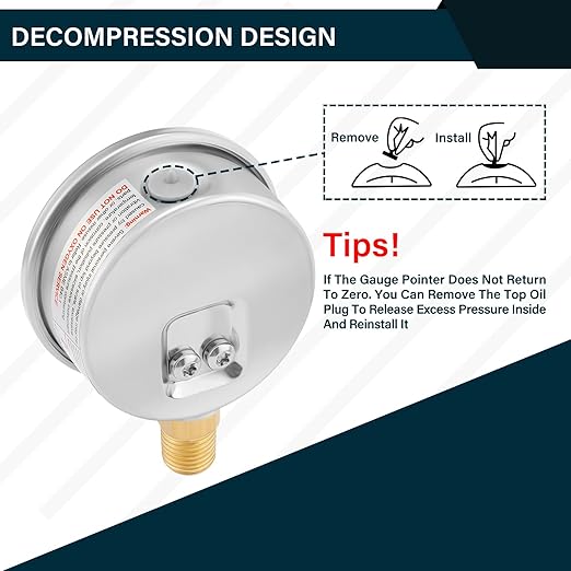 MEASUREMAN 2-1/2inch Dial Size, Oil Filled Pressure Gauge, 0-600psi/4000kpa, 304 Stainless Steel Case, 1/4inchNPT Lower Mount