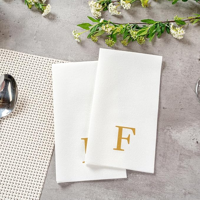 Luxenap 15.8 X 7.9 Inch Linen-Feel Guest Towels, 50 Lettered Hand Towels - Gold Letter 'F', Sans Serif Font, White Paper Dinner Napkins, airlaid, For Restrooms And Tables - Restaurantware