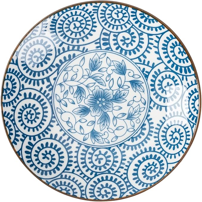 TJ Global Set of 4 Japanese Pottery Ceramic 6.8 Inch Plates for Any Meal and Dish, Japanese Dinnerware and Tableware with Traditional Blue Design