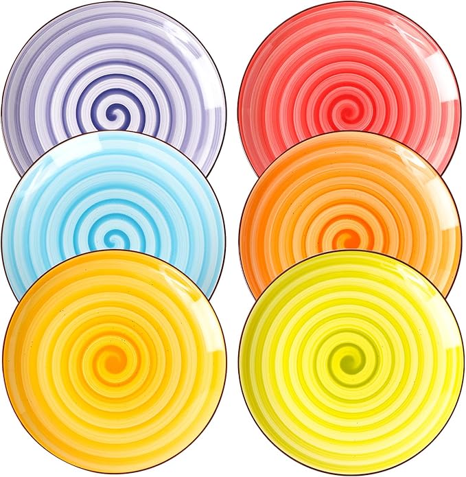 KitchenTour Ceramic Dinner Plates, 8 Inch Colorful Salad Plates Set of 6, Serving Plates for Dessert, Pasta, Steak, Dishwasher and Microwave Safe