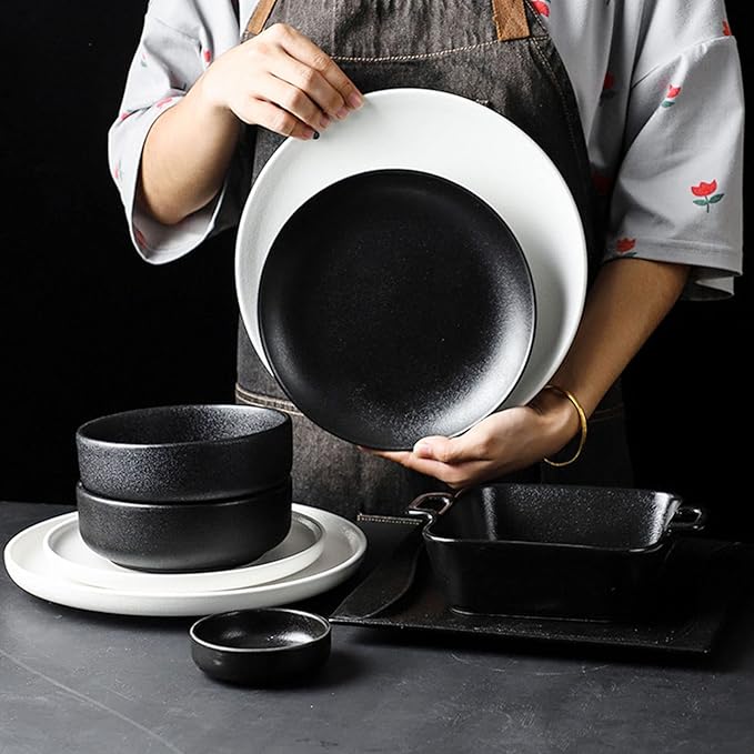 16-Piece Dinner Sets Black White Porcelain Dinnerware Set, Service for 4, Frosted Dinnerware, Kitchen Ceramic Dinsh Set - 4 X Dinner Plates/Salad Plate/Bowls/Taste Dish,