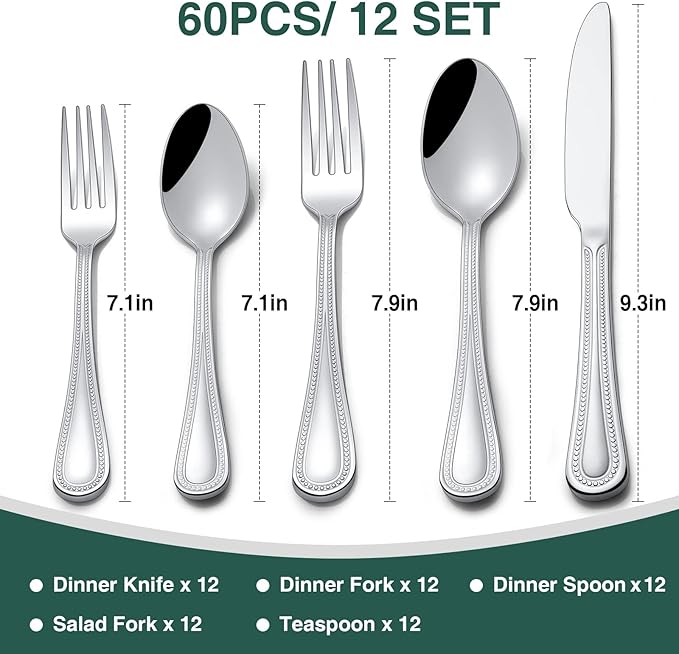 60 Pieces Silverware Set, Pearled Edge Silverware Cutlery Set Service for 12, Premium Stainless Steel Flatware Set, Knife Fork Spoon Tableware Set for Home, Restaurant, hotel, Dishwasher Safe