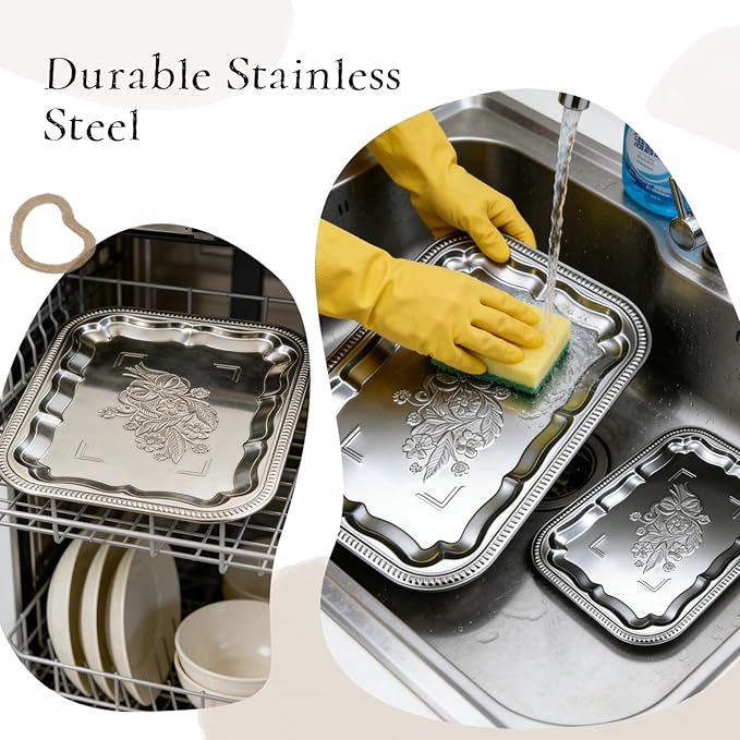 Elegant Floral Engraved Silver Serving Trayr Set (4-Pcs) - 2 Small (11.4×7.1×0.8") & 2 Large (13.8×8.7×0.8"), Stainless Steel Silver Platter for Party, Home Decor