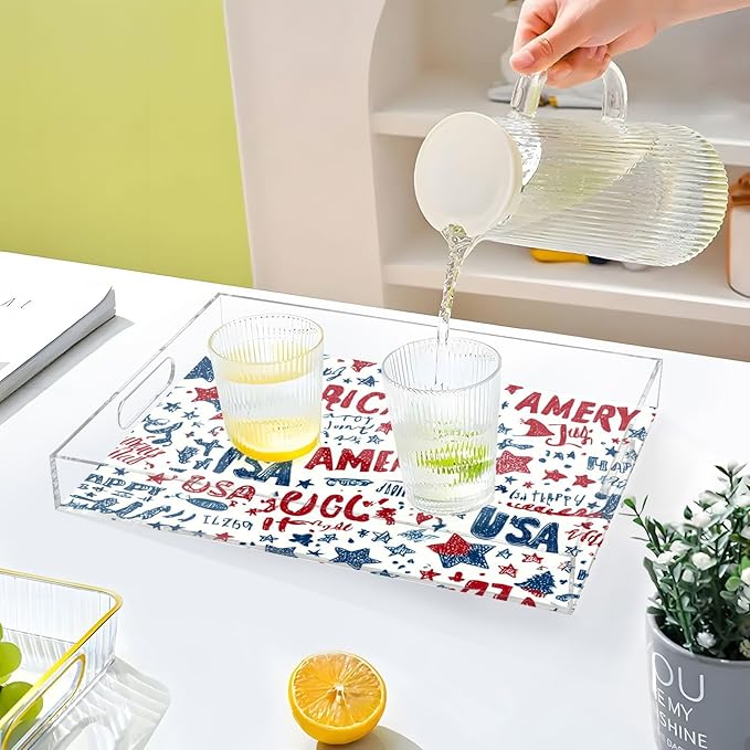 Serving Tray with Handles Clear Acrylic Tray 12x16 Inch Decorative Rectangular Tray Organizer for Ottoman Coffee Table Bathroom Vibrant Patriotic Stars Independence Day