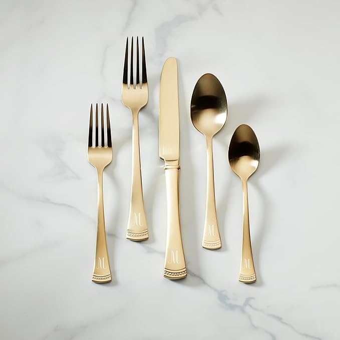 Lenox Monogrammed Portola Gold 20-Piece Stainless Steel Silverware Set, Custom Engraved Flatware Set Includes Service for 4 with Personalized Initials