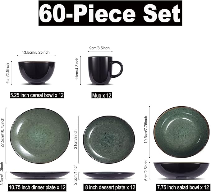 60 Piece Kitchen Porcelain Dinnerware Set, Round Ceramics Plates and Bowls Sets, Modern Tableware, Dishes Dinner Set with Dinner Plate, Dessert Plate, Bowl and Mug, Service for 12