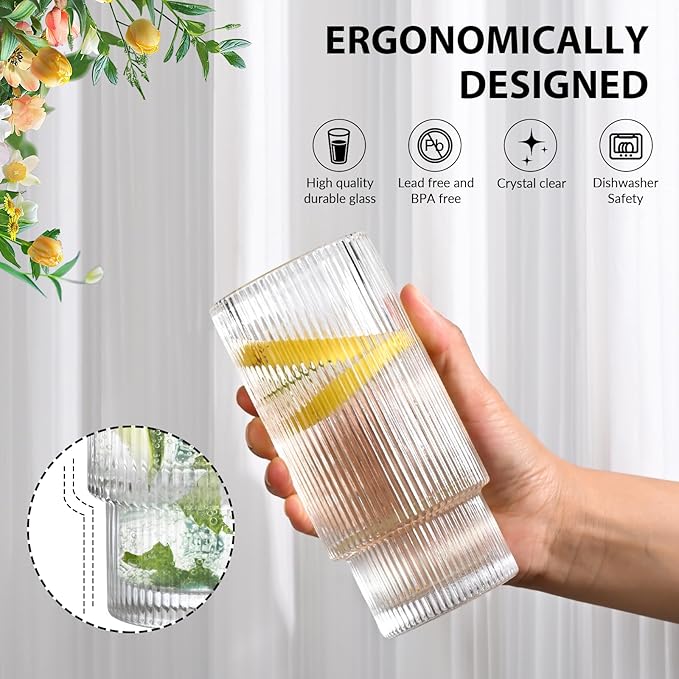 AFINSEA 16OZ Ribbed Glass Cups with Lids and Straws,Iced Coffee Cups with Bamboo Lid,Vintage Glassware for Whiskey Cocktail Beer Fruit Juice Glasses Tumbler(6 Pack)