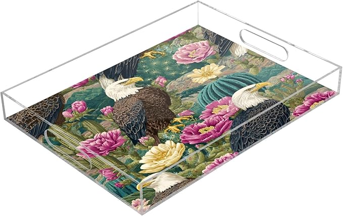 Serving Tray with Handles Clear Acrylic Tray 12x16 Inch Decorative Rectangular Tray Organizer for Ottoman Coffee Table Bathroom Green Bald Tagles and Cactus Flowers02