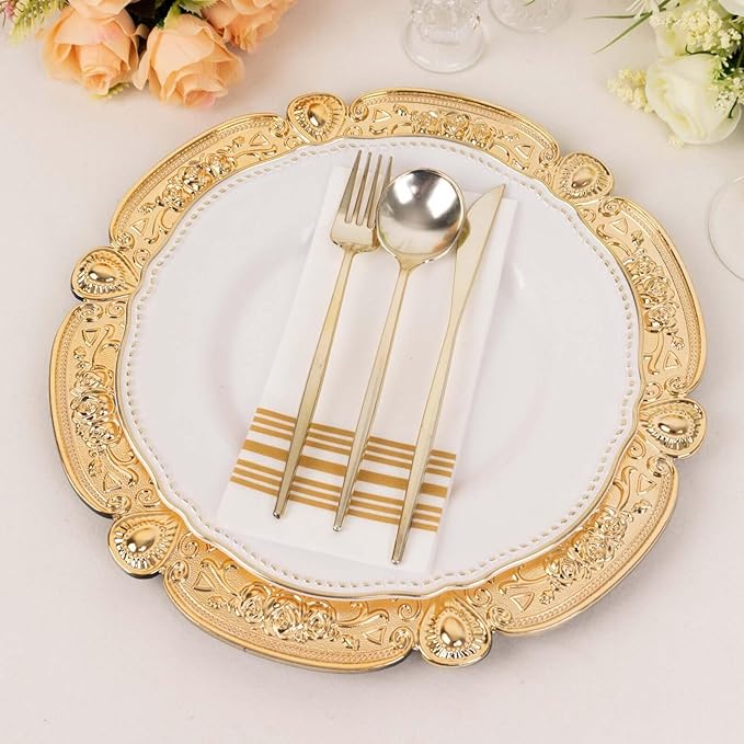 Efavormart 6 Pack Gold Floral Embossed Acrylic Charger Plates With Scalloped Rim, 13" Round Plastic Decorative Serving Plates