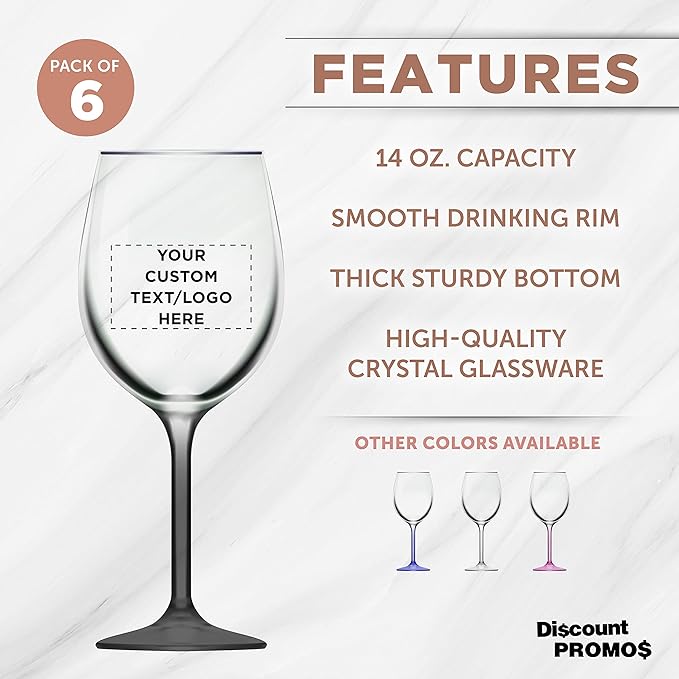 Custom Wine Glasses 14 oz. Set of 6, Personalized Bulk Pack - Restaurant Glassware, Perfect for Red Wine, White Wine, Cocktails and More - Black