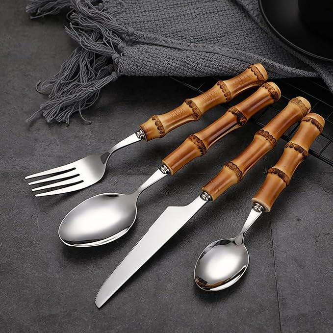 bamboo handle flatware sets for 8, 40 Piece Natural bamboo handle cutlery sets, silverware sets, dinnerware tableware set, Mirror Finished (40-Piece for 8)