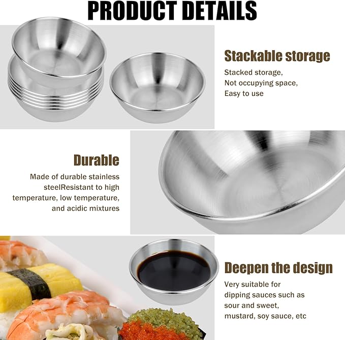 Stainless Steel Sauce Dishes,4 Pack Dipping Bowls,Small Bowls for Side dishes, Appetizer,Dip,Sushi.Reusable and Dishwasher Safe (4, Silvery)