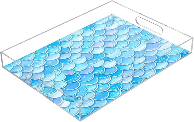 Serving Tray with Handles Clear Acrylic Tray 12x16 Inch Decorative Rectangular Tray Organizer for Ottoman Coffee Table Bathroom Blue Fish Scale Pattern