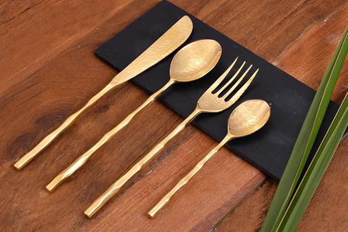 DeKulture Handmade Pure Brass 4-Piece Cutlery Set: Gold Flatware for Dining & Serving