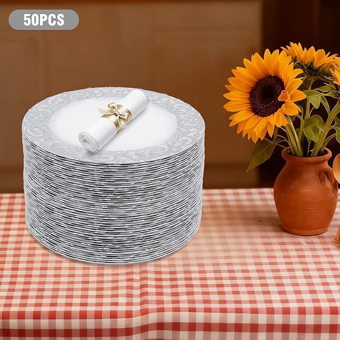 50Pcs Antique Charger Plates, 13" Plastic Chargers Bulk With Embossed Rim, Round Chargers for Dinner Plates, Decorative Plate Table Setting for Party Wedding Banquet Holiday Event (White+Silver)