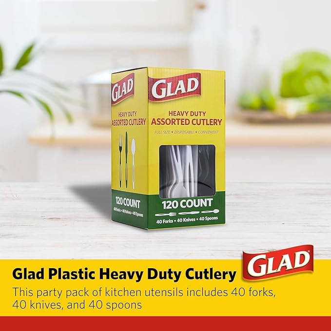 Glad Plastic Assorted Disposable Cutlery Set, Green, White and Black - Includes Forks, Knives, and Spoons - Set of Sturdy, Heavy Duty Party Utensils, 120 Count - 6 Pack