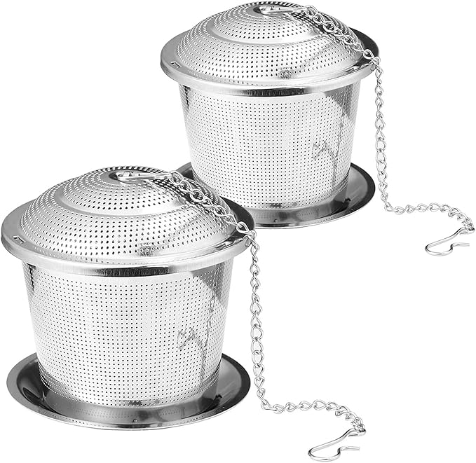 2 Pack Tea Strainers for Loose Tea, Extra Fine Mesh 18/8 Stainless Steel Tea Infuser, Loose Leaf Tea Steeper Tea Diffuser with Extended Chain Hook and Drip Tray (Small)