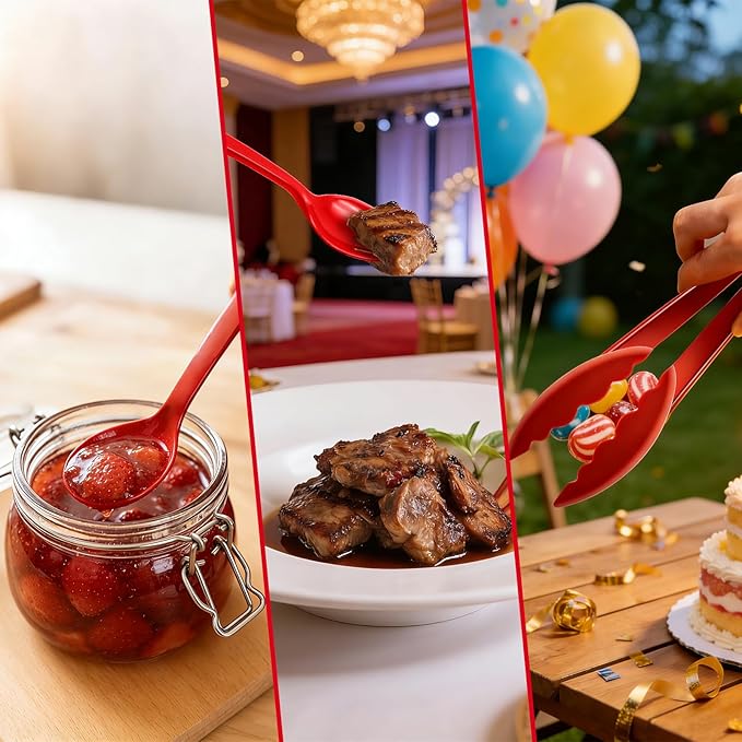 24 Pcs Serving Utensils Set - 8 Tongs, 8 Spoons, 8 Forks | Heavy Duty Plastic Disposable Red Party Supplies for Buffet, Holiday Events Catering Restaurant Dinner Salad Noodles Soup and Daily Use