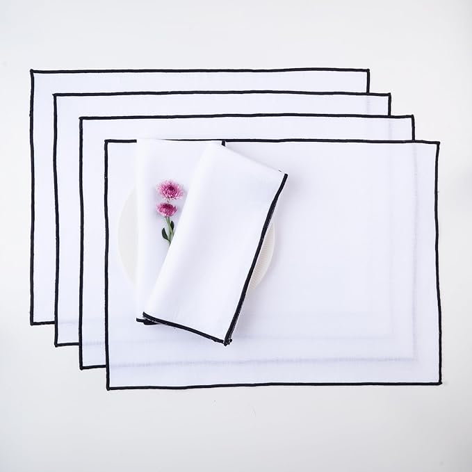 D'Moksha Homes White Linen Placemats with Black Embroidered Trim, Set of 4-14 x 19 Inch, 100% Pure Linen Cloth Placemats White & Black for Dining, Christmas, Holiday, New Year - Machine Washable
