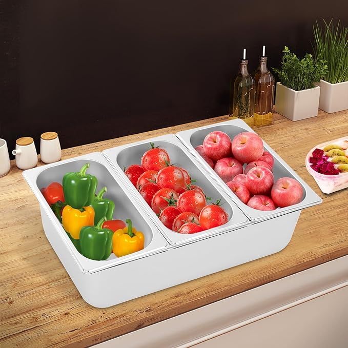 3 Pans Ice Food Serving Display Container, Stainless Steel Serving Tray Catering Supplies Buffet Display Condiment Dispenser Plate Case with Acrylic Replaceable Lids for Restaurant Hotel Kitchen