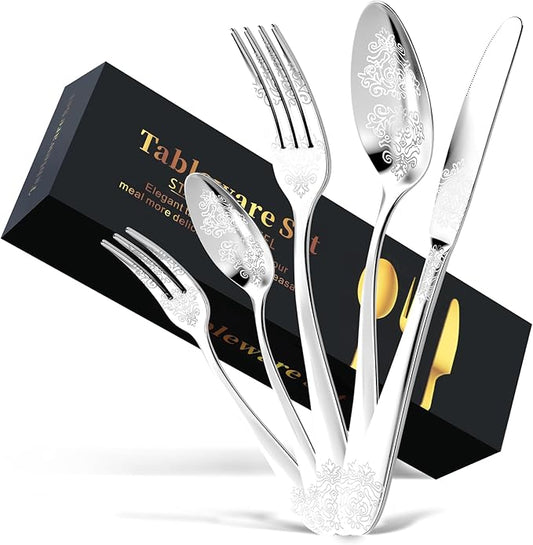 20-Piece Stainless Steel Silverware Set, Elegant Floral Engraved Cutlery Flatware Set for 4, Durable Tableware Utensil Sets Silver Include Fork Spoon Knife with Mirror Polish