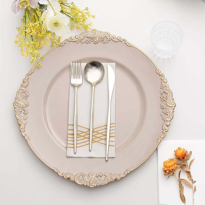 13" Charger Plates -Set of 24 - Acrylic Taupe Round Baroque Disposable Chargers Leaf Embossed Rim, Ideal for Dinner Party Wedding Bulk Events