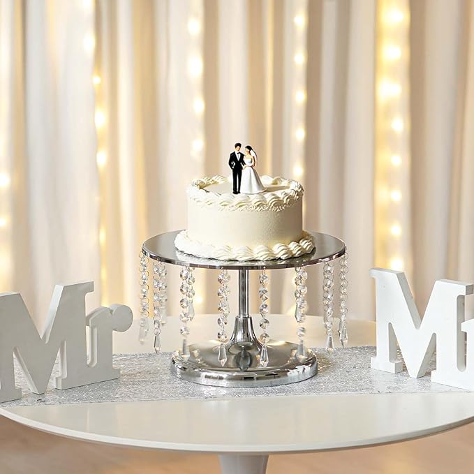 2 Pcs Silver Metal Mirror Cake Stand Set with Crystal Pendants - 11.8"W Elegant Dessert Table Display for Weddings, Birthday Parties, Baby Showers, Events - Sturdy Crystal Bling Cupcake Stands for Pastries, Sweets, Decorations