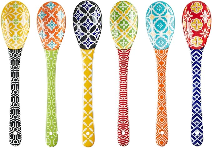Long Handle Spoons, 8.5" Ceramic Serving Spoon for Cereal, Soups, Stews, Ice Cream, Colorful Decorative Spoons, Dishwasher & Microwave Safe, Assorted Colors, Set of 6