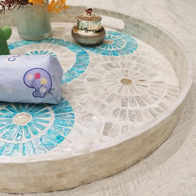 i-lan 18 Inch Round Mother of Pearl Serving Tray, Blue Nacre Inlay Decorative Ottoman Tray with Handles, Handmade Shell Coffee Table Tray for Food, Catering and Home Decor