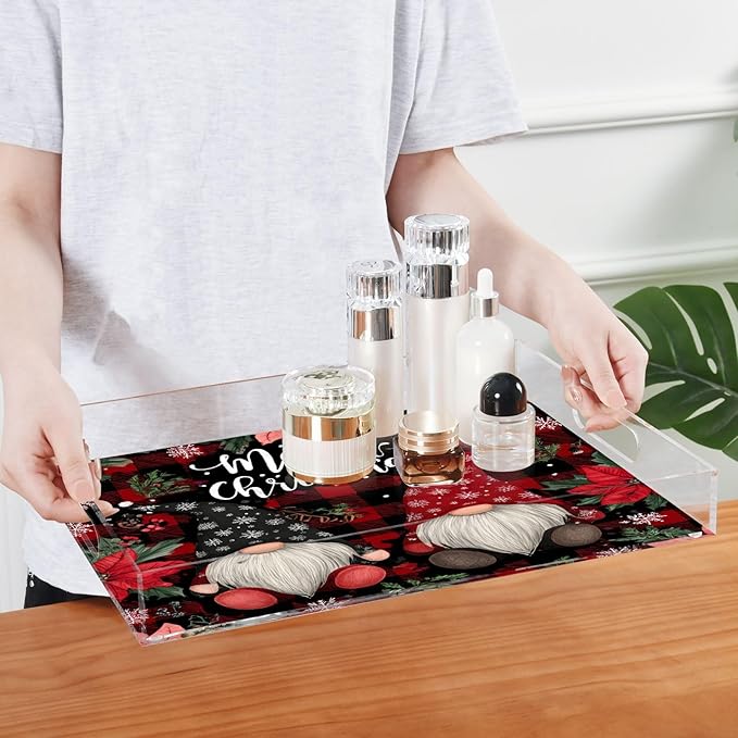 Serving Tray with Handles Clear Acrylic Tray 12x16 Inch Decorative Rectangular Tray Organizer for Ottoman Coffee Table Bathroom Red Black Checkered Christmas Gnomes Holly
